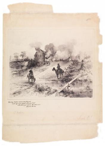 Union Troops Burning Out the Shenandoah Valley, Theodore R. Davis, 1864 (Gift of Robert M. Hicklin, Jr.; VHS accession number: 1991.76) Union Troops Positioned atop Horses in Front of the Burning Shenandoah Valley Village, Theodore R. Davis, 1864