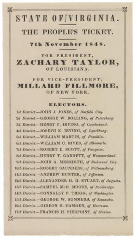 election ticket for the state of Virginia with the names of Zachary Taylor and Millard Fillmore