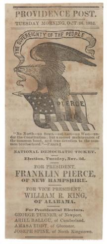  An election ticket for Franklin Pierce with the drawing on an eagle holding a ribbon in its beak with the text, “THE SOVEREIGNTY OF THE PEOPLE,” and holding an American flag with the word, “PIERCE” with its talons. 