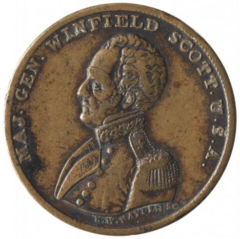 A copper medalet of Maj. Gen. Winfield Scott’s side profile with the words, “MAJ. GEN. WINFIELD SCOTT. U.S.A.” engraved. 