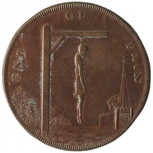  A brass or copper token showing a hanging figure with the engraved words “End of Pain."