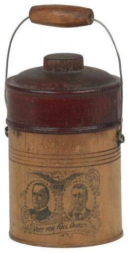 A miniature wooden dinner pail with images of William McKinley and his running mate Theodore Roosevelt