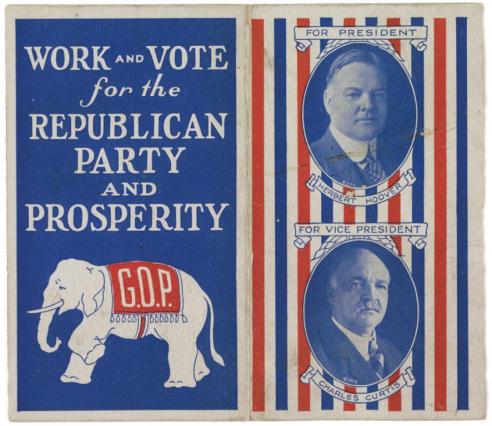 A case of sewing needles with photographs of Herbert Hoover and his running mate Charles Curtis, and an image of an elephant drawing with the words, “WORK AND VOTE for the REPUBLICAN PARTY AND PROSPERITY” above.  