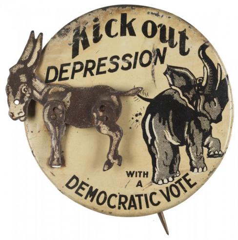 A mechanical badge showing a donkey and an elephant with the words, “Kick out DEPRESSION WITH A DEMOCRATIC VOTE.”