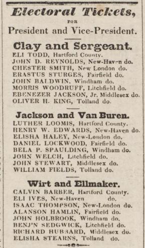 An electoral ticket for the three presidential and vice presidential candidates; Clay and Sergeant, Jackson and Van Buren, and Wirt and Ellmaker.  