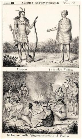 Two-paneled image of an American Indian woman in traditional clothing, holding a bow in one hand and an arrow in the other while facing the priest. The bottom image shows a group of American Indians seated and standing around a fire. 