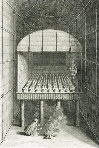  Engraved book page of a tomb, showing deceased kings lined together in a horizontal row on an elevated surface above a person manning a fire.  
