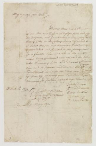 Affidavit, 1693, Warwick County, Va. (now Newport News), submitted to Governor Sir Edmund Andros by Dudley Digges, Richard Whitaker, Cater Hubberd, William Cary, and William Rosser concerning the imprisonment of an African-American slave, Frank. Record Call No. Mss3 C3807 a 57